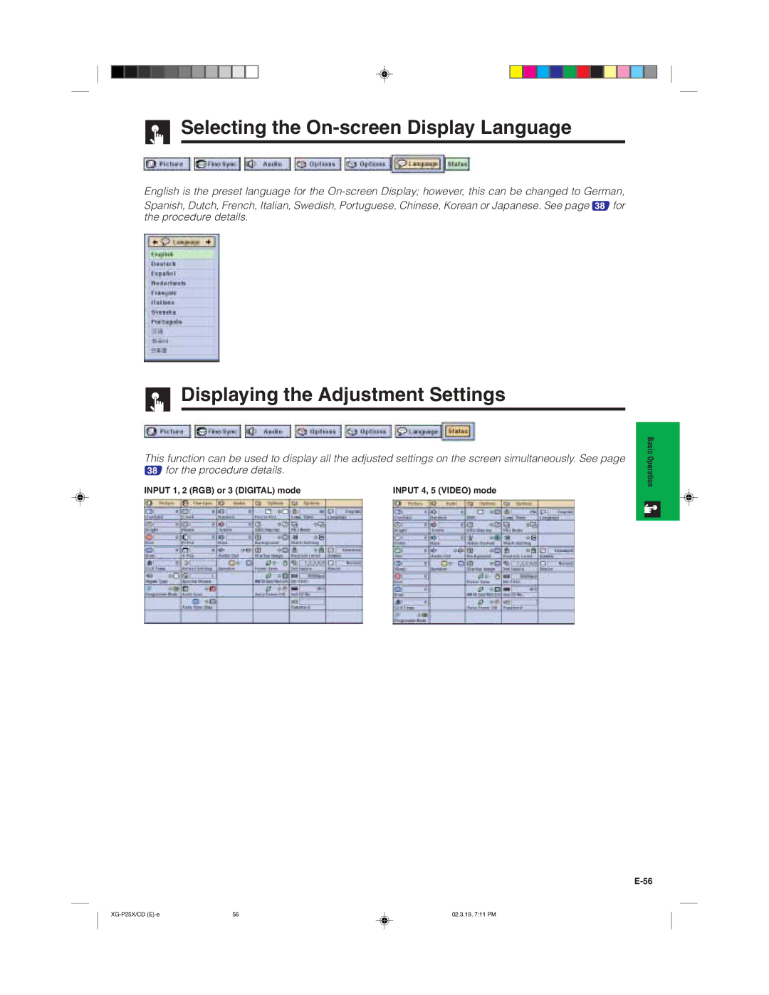 Sharp XG-P25X operation manual Selecting the On-screen Display Language, Displaying the Adjustment Settings 