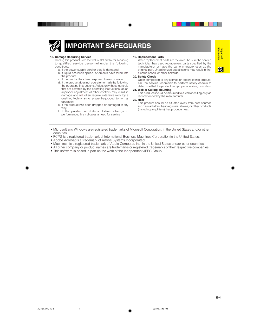 Sharp XG-P25X operation manual Damage Requiring Service, Replacement Parts, Safety Check, Wall or Ceiling Mounting, Heat 