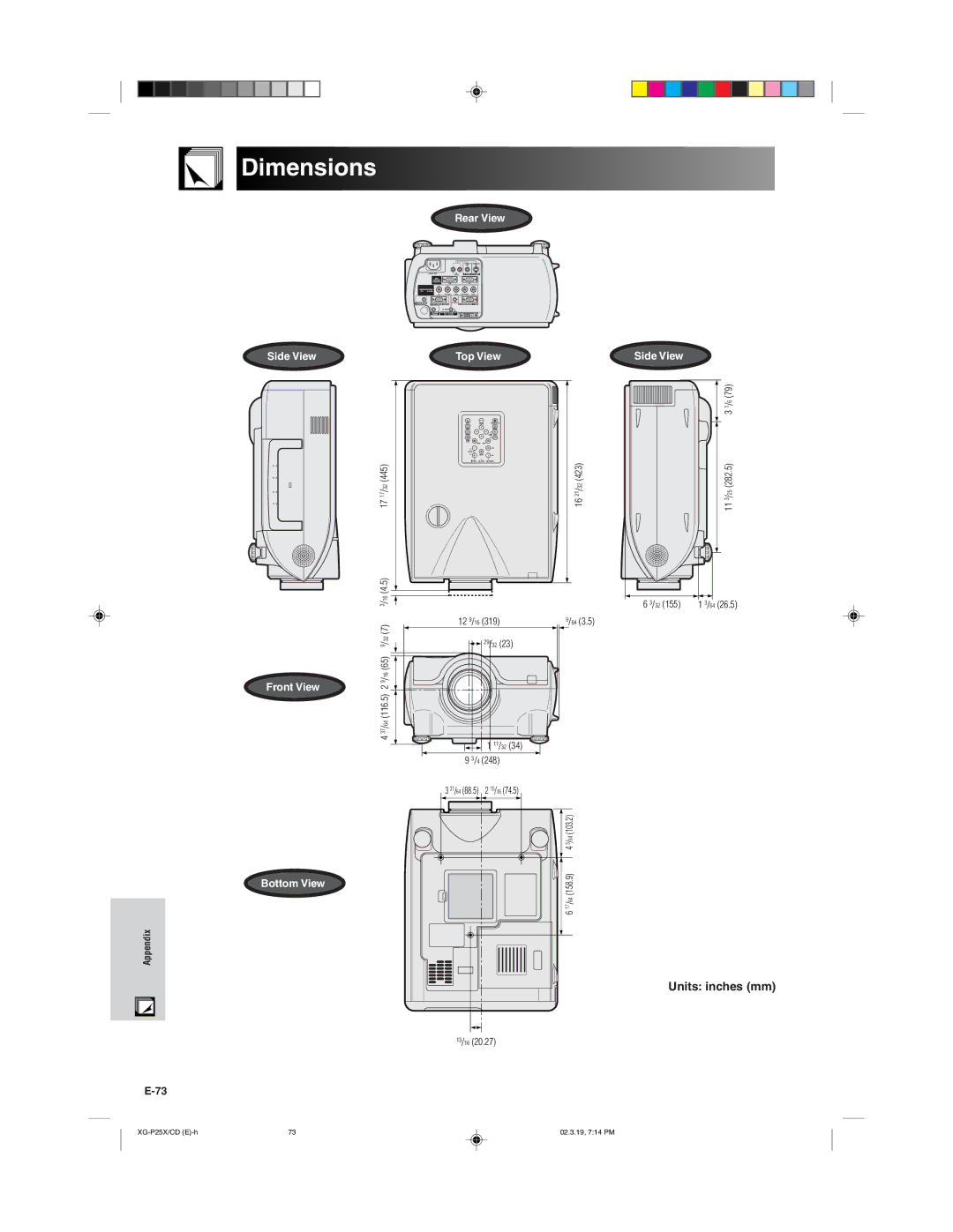 Sharp XG-P25X operation manual Dimensions, Units inches mm 