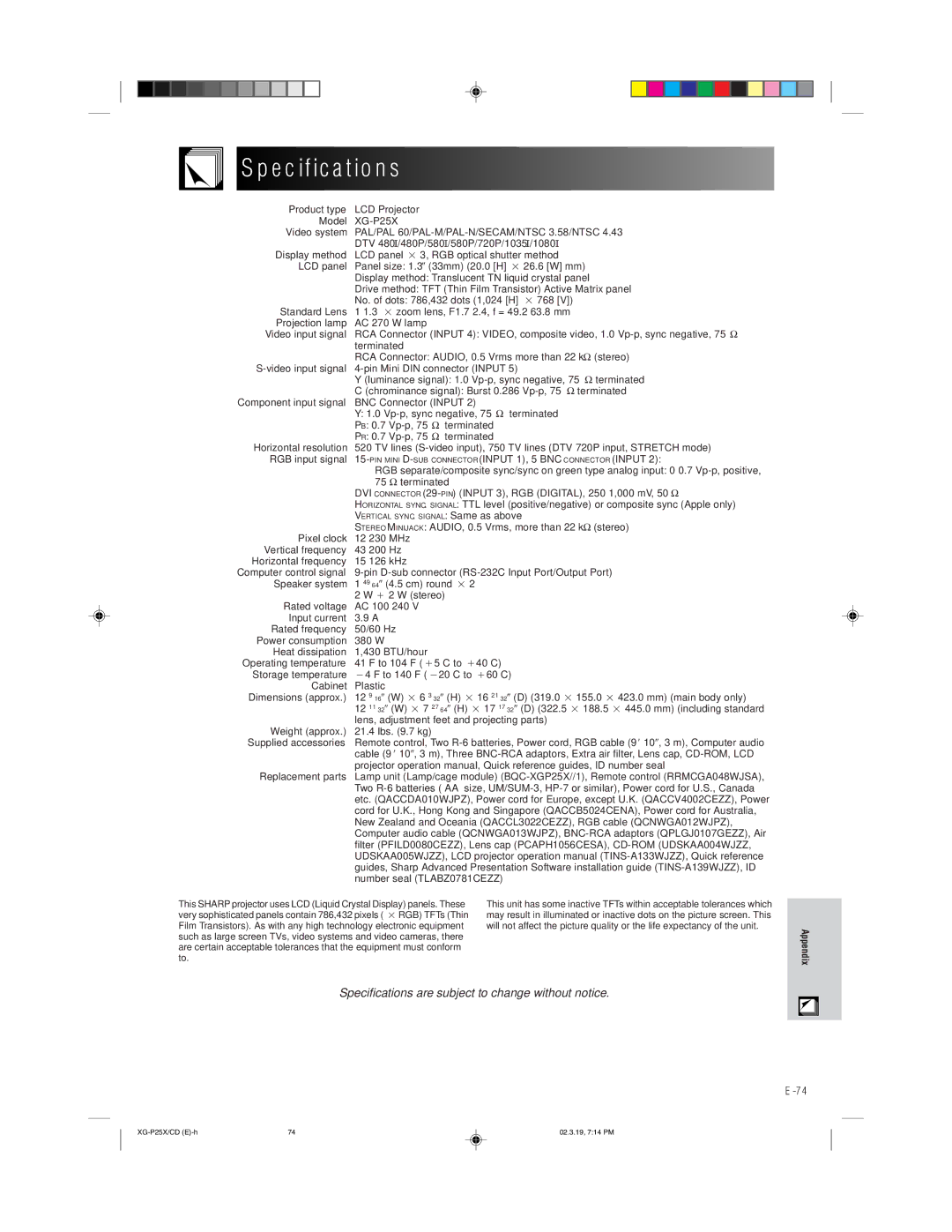 Sharp XG-P25X operation manual Specifications, PAL/PAL 60/PAL-M/PAL-N/SECAM/NTSC 3.58/NTSC 