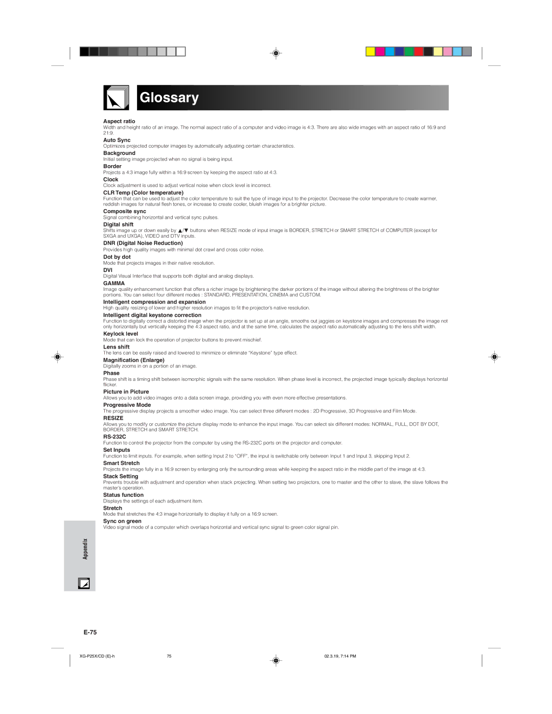 Sharp XG-P25X operation manual Glossary, Aspect ratio 