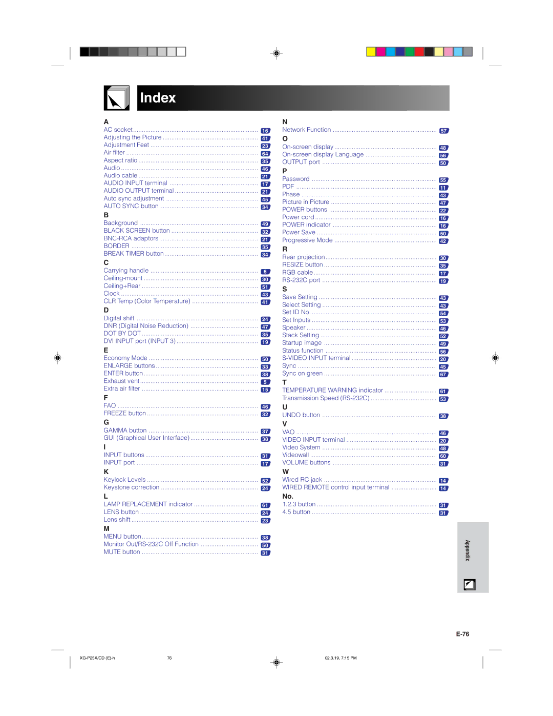 Sharp XG-P25X operation manual Index, Border 