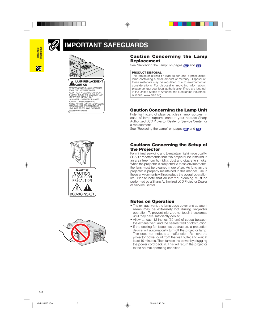 Sharp XG-P25X operation manual Precaución Précaution BQC-XGP25X//1 