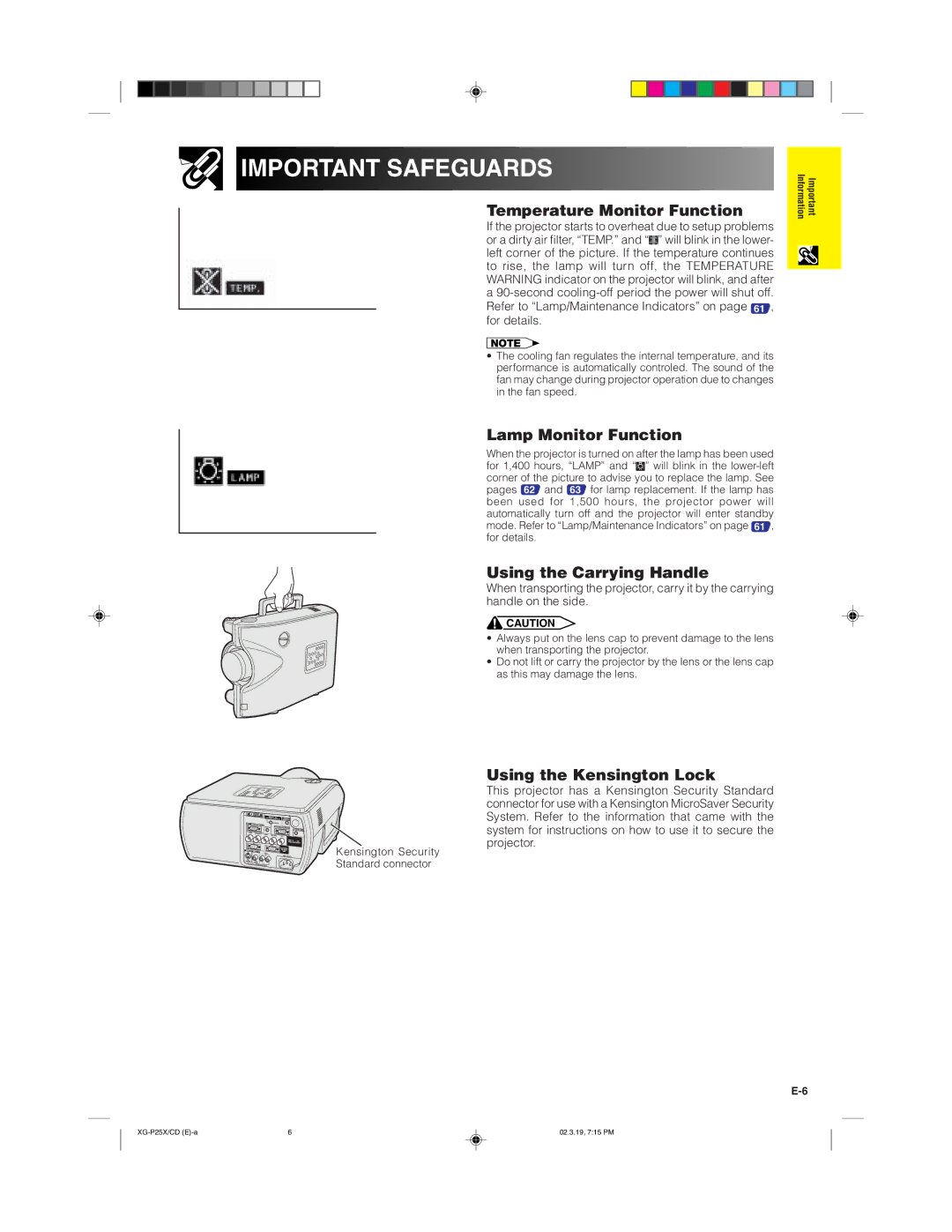 Sharp XG-P25X Temperature Monitor Function, Lamp Monitor Function, Using the Carrying Handle, Using the Kensington Lock 