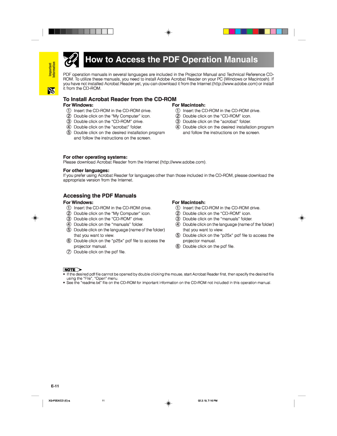 Sharp XG-P25X How to Access the PDF Operation Manuals, To Install Acrobat Reader from the CD-ROM, For Windows 