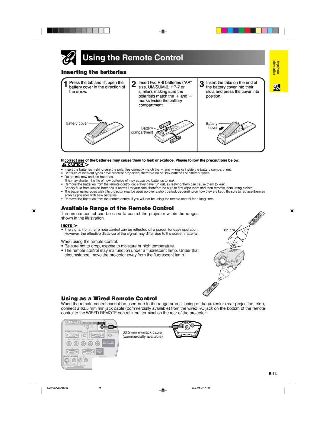 Sharp XG-P25X operation manual Using the Remote Control, Inserting the batteries, Available Range of the Remote Control 