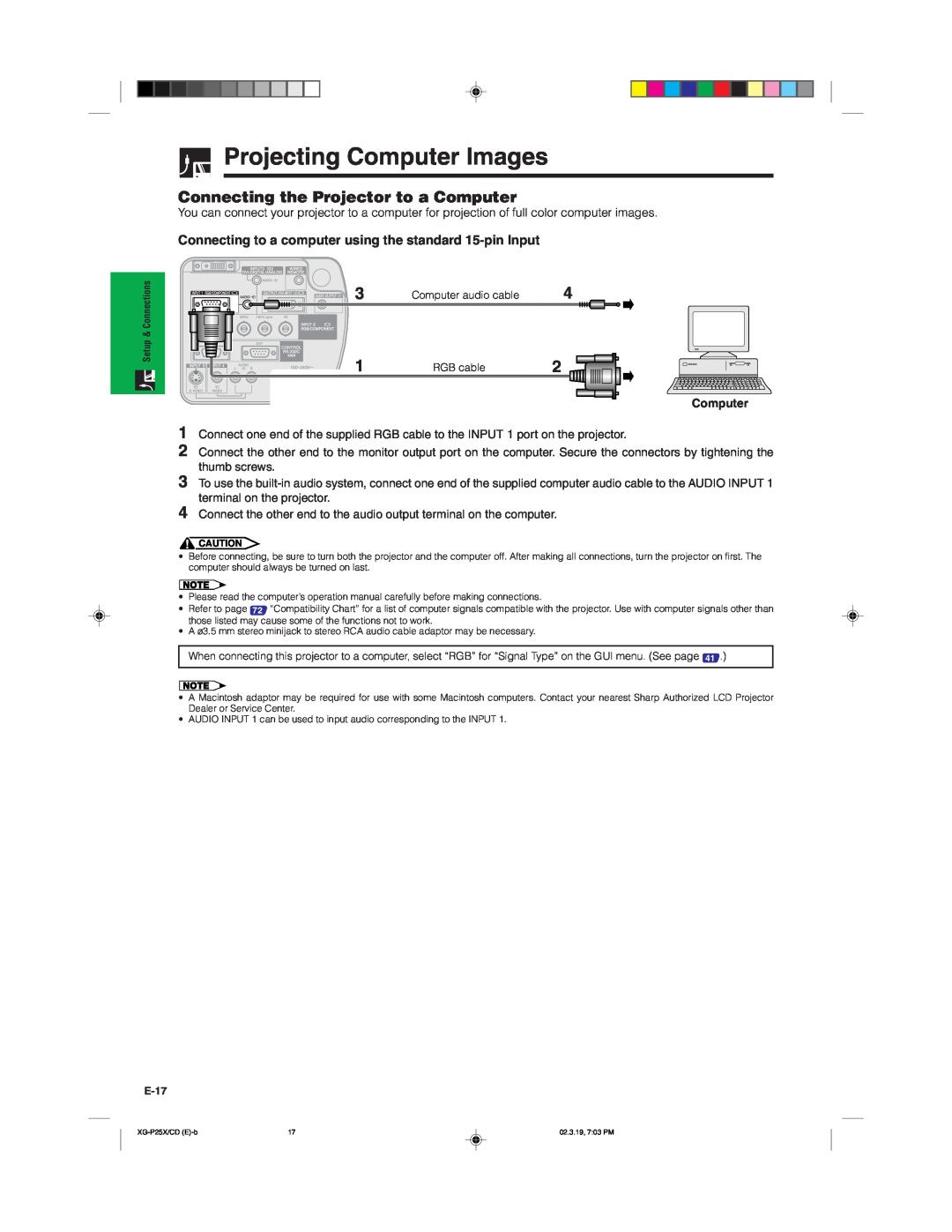 Sharp XG-P25X operation manual Projecting Computer Images, Connecting the Projector to a Computer 