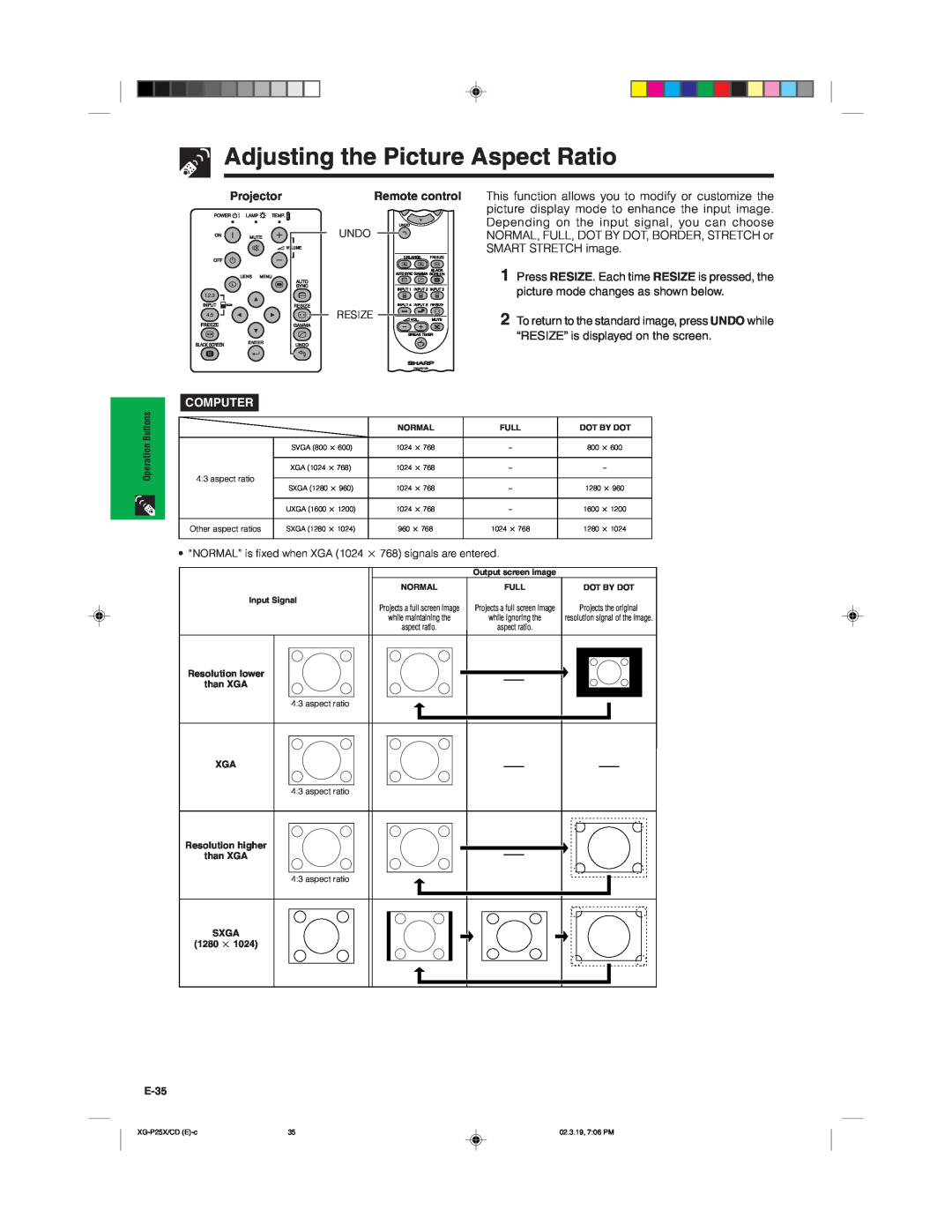 Sharp XG-P25X operation manual Adjusting the Picture Aspect Ratio, Projector, Remote control, Computer 