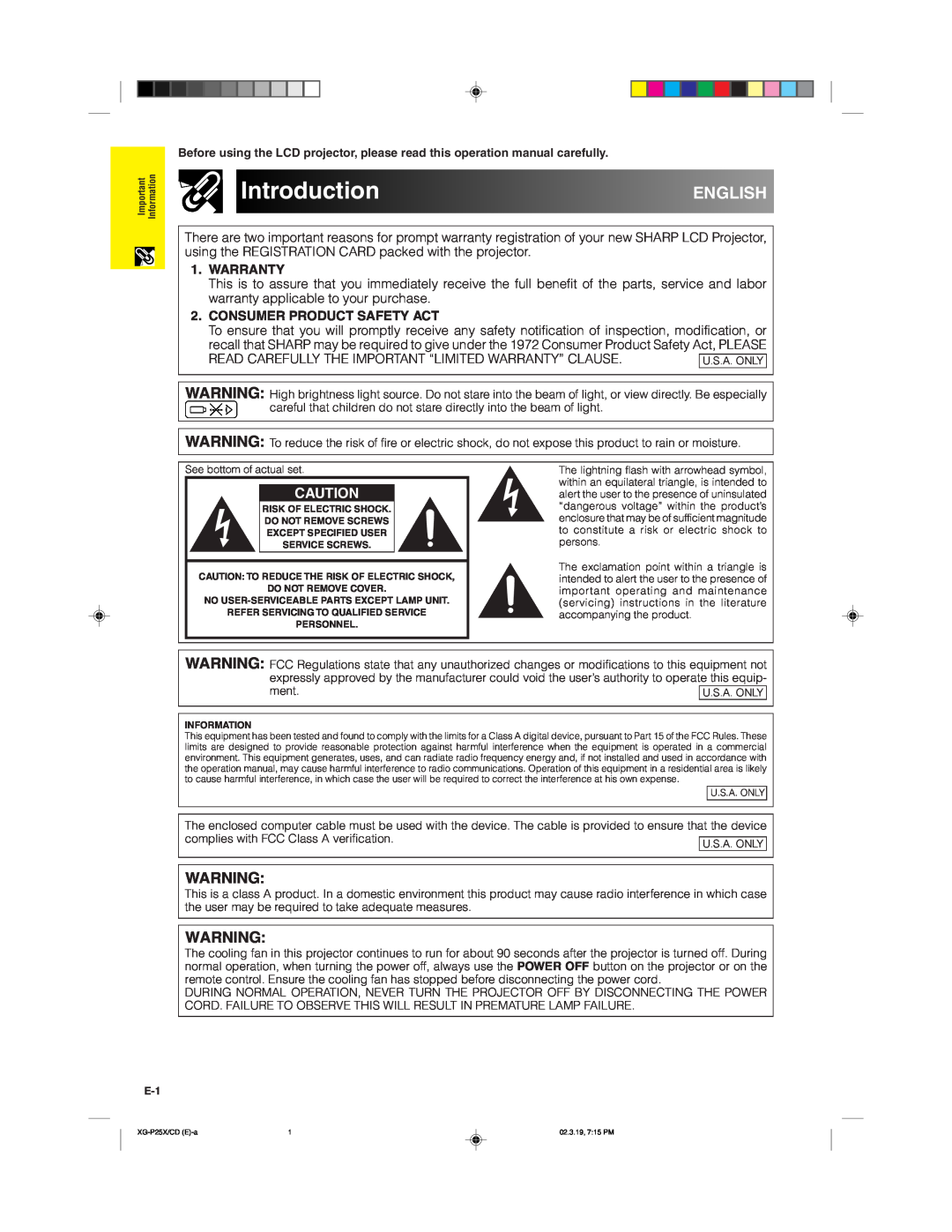Sharp XG-P25X operation manual Introduction, English, Warranty, Consumer Product Safety Act 