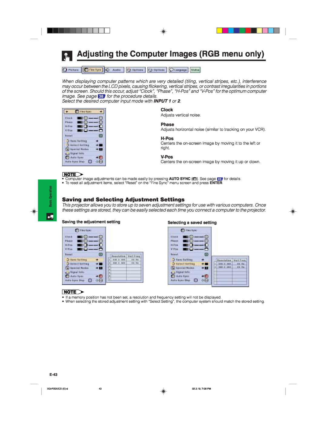 Sharp XG-P25X Adjusting the Computer Images RGB menu only, Saving and Selecting Adjustment Settings, Clock, Phase, H-Pos 