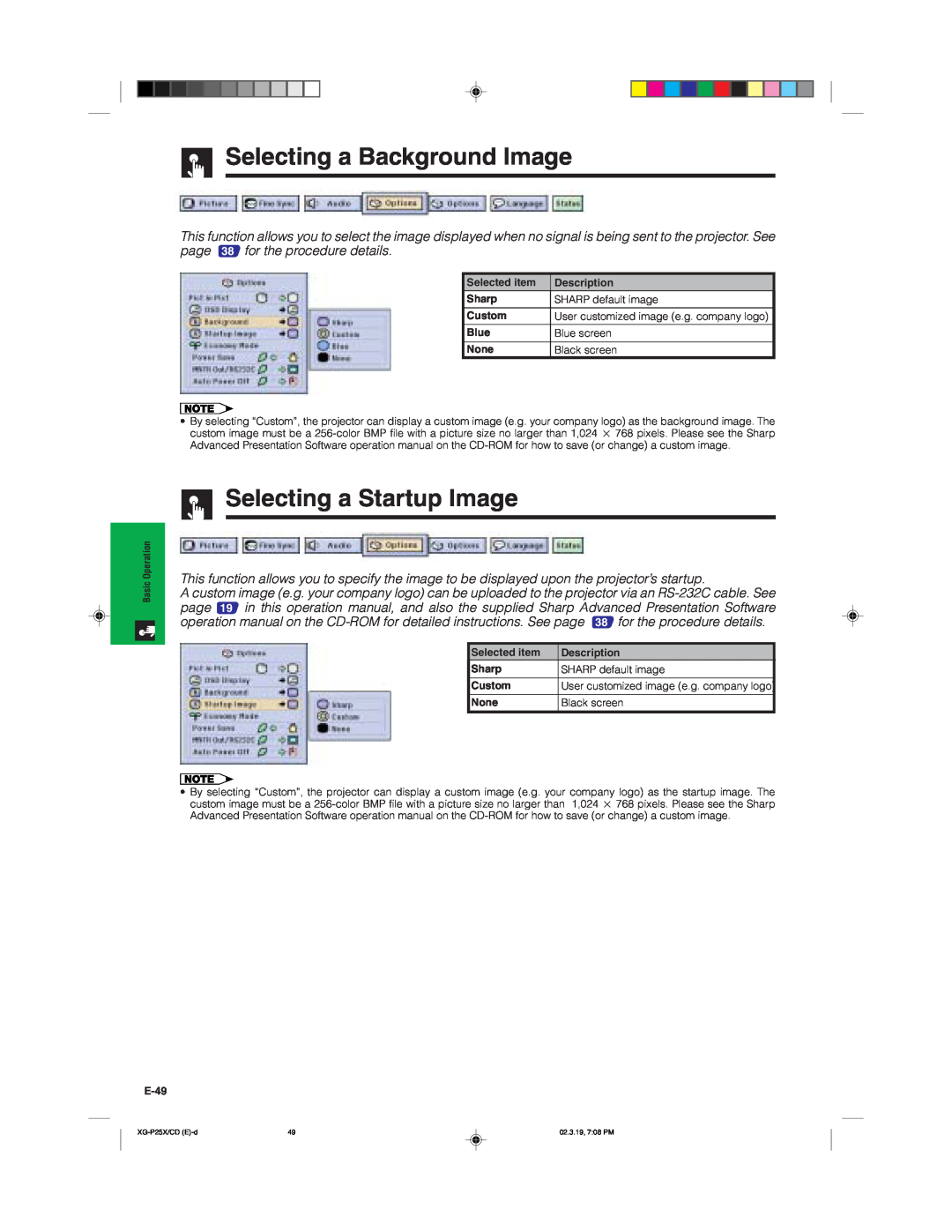 Sharp XG-P25X operation manual Selecting a Background Image, Selecting a Startup Image 