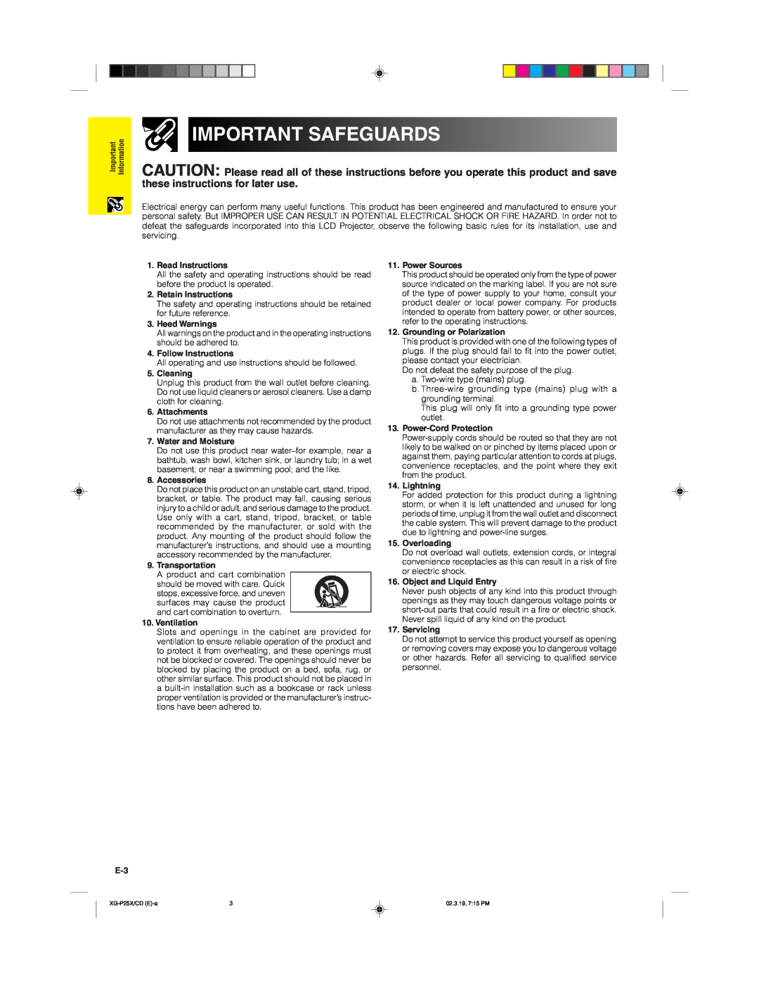 Sharp XG-P25X operation manual Important Safeguards 