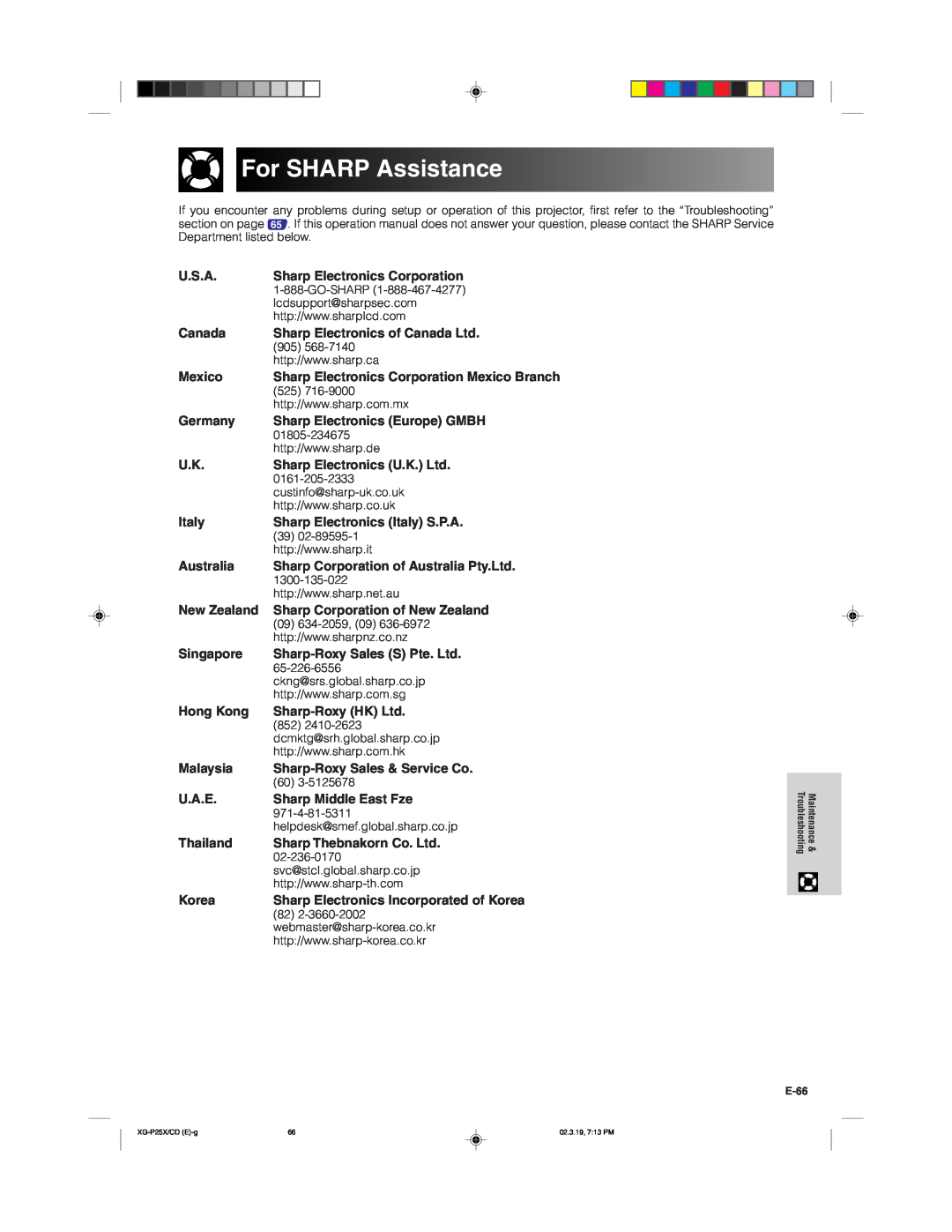 Sharp XG-P25X For SHARP Assistance, U.S.A, Sharp Electronics Corporation, Canada, Mexico, Germany, Italy, Australia, U.A.E 