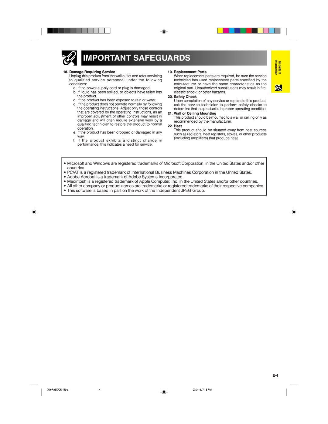 Sharp XG-P25X operation manual Important Safeguards, Adobe Acrobat is a trademark of Adobe Systems Incorporated 