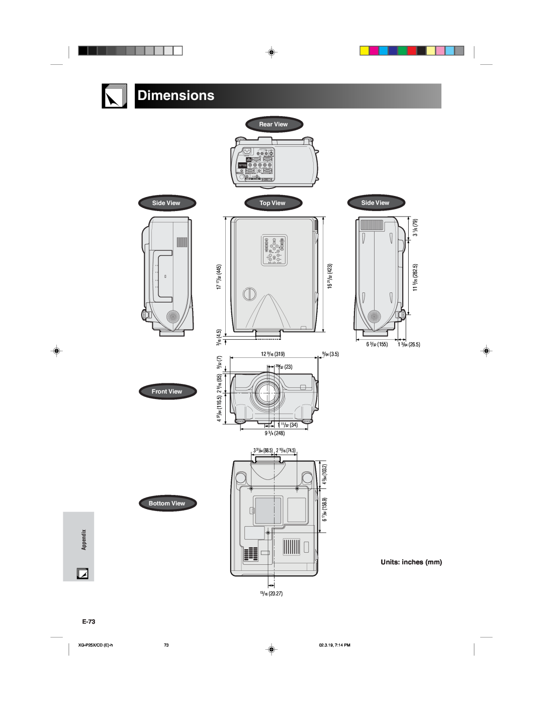 Sharp XG-P25X operation manual Dimensions, Units inches mm, Side View Front View, Rear View Top View, Bottom View 