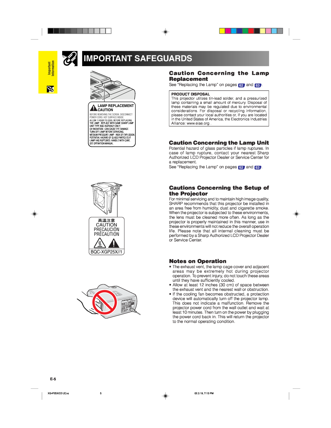 Sharp XG-P25X Caution Concerning the Lamp Unit, Cautions Concerning the Setup of the Projector, Notes on Operation 