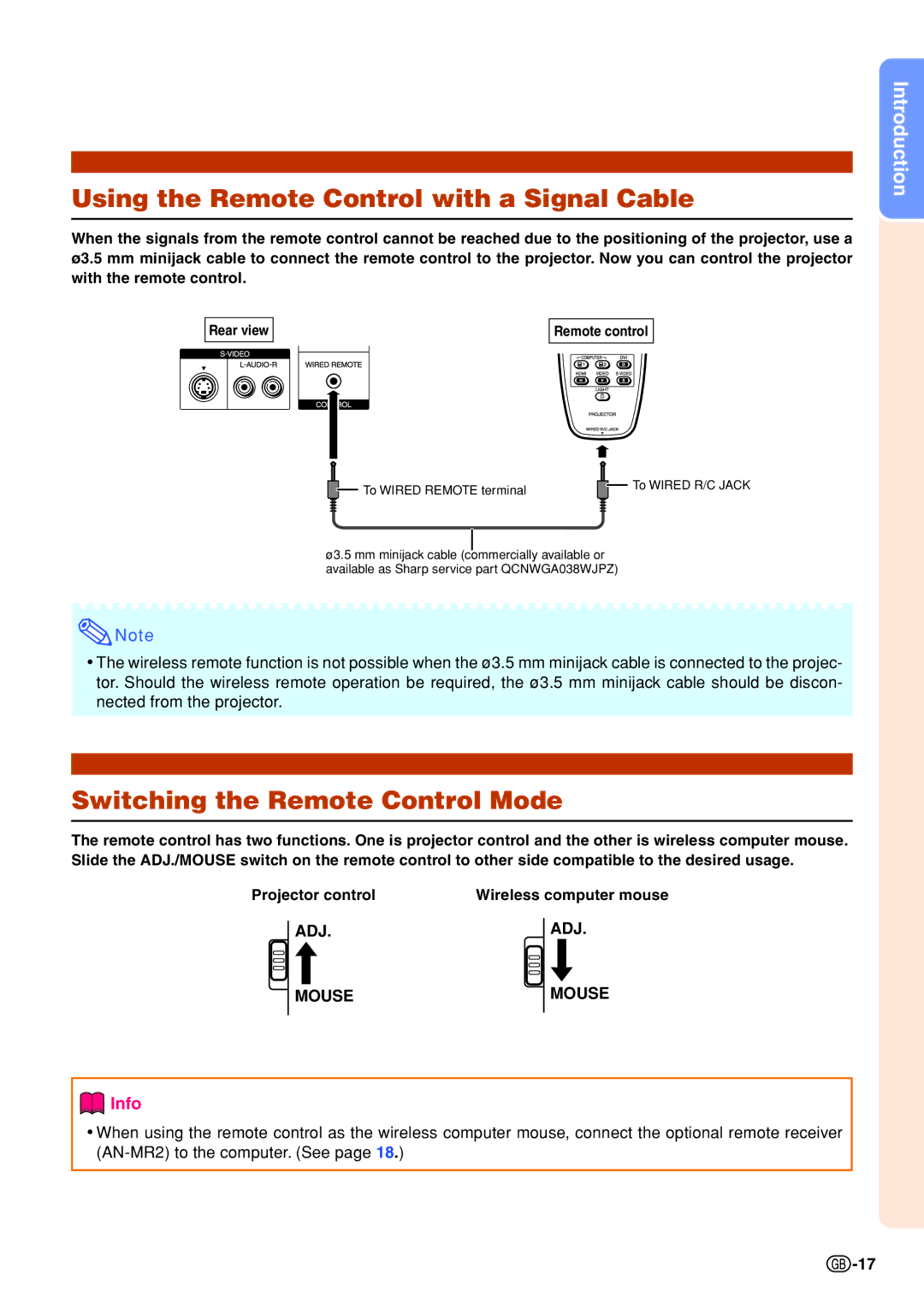 Sharp XG-P610X-N quick start Using the Remote Control with a Signal Cable, Switching the Remote Control Mode 