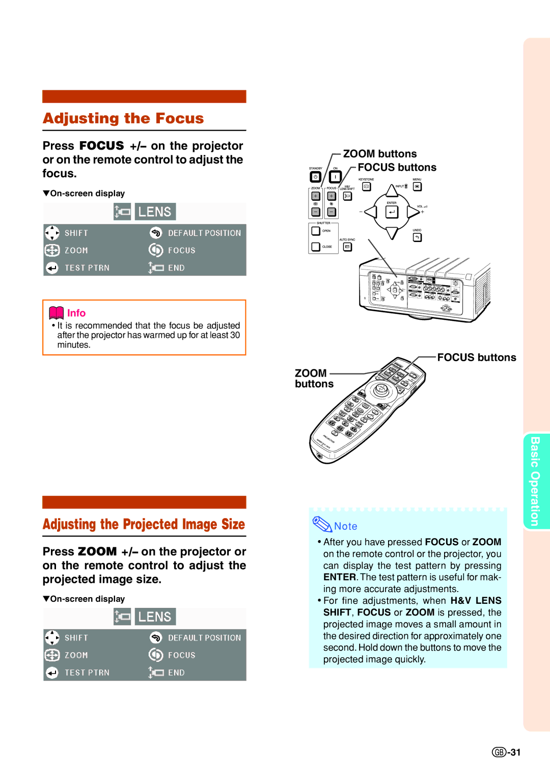 Sharp XG-P610X-N quick start Adjusting the Focus, Adjusting the Projected Image Size, Zoom buttons Focus buttons 