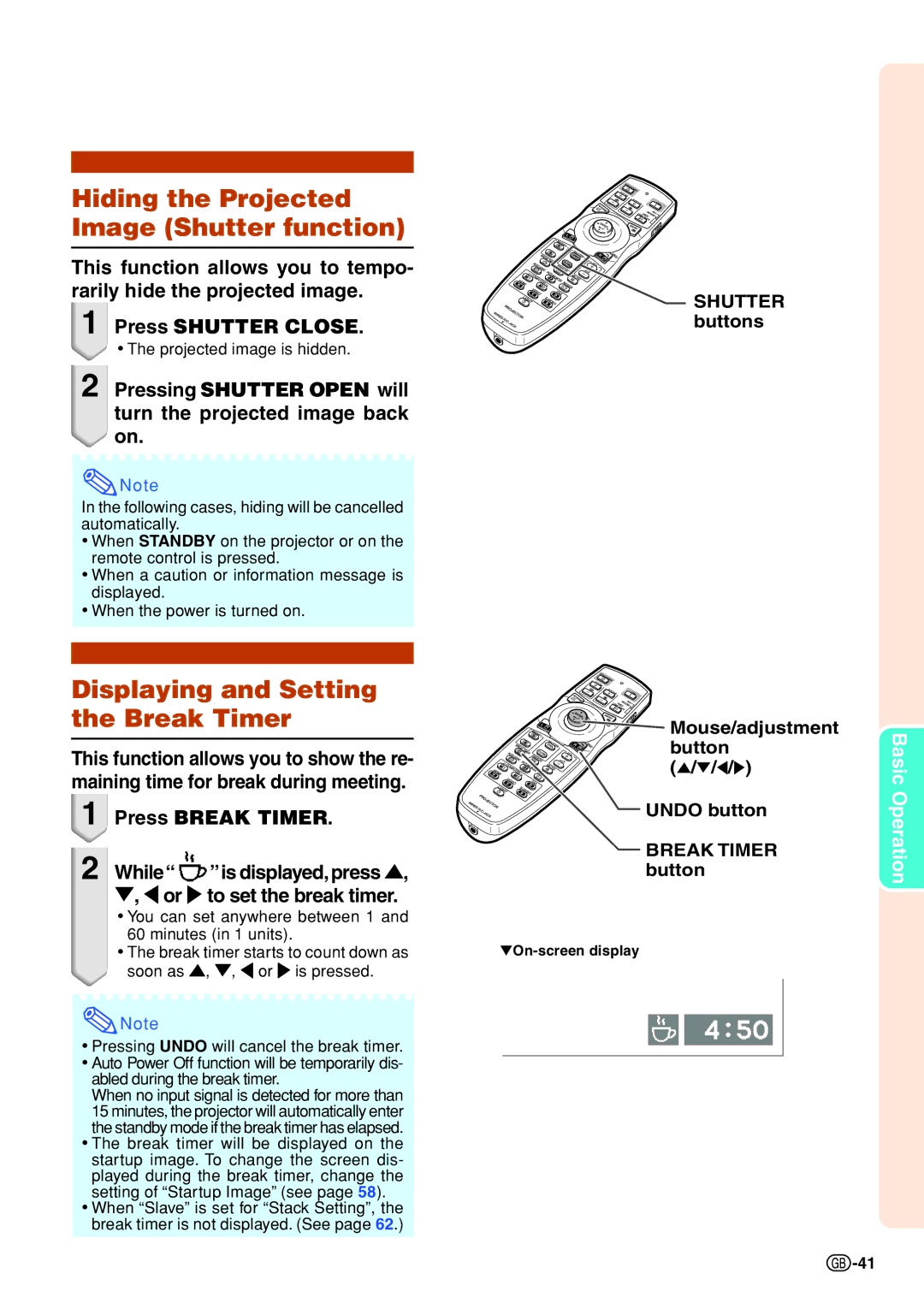 Sharp XG-P610X-N Hiding the Projected Image Shutter function, Displaying and Setting the Break Timer, Shutter buttons 