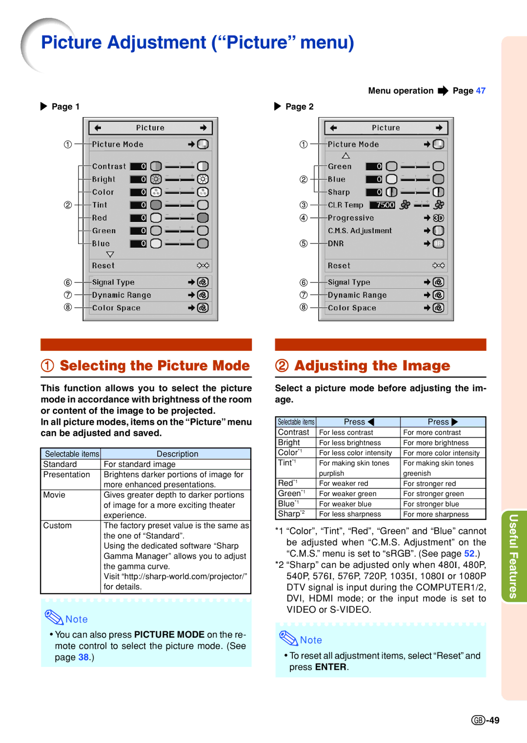 Sharp XG-P610X-N Picture Adjustment Picture menu, Adjusting the Image, Select a picture mode before adjusting the im- age 