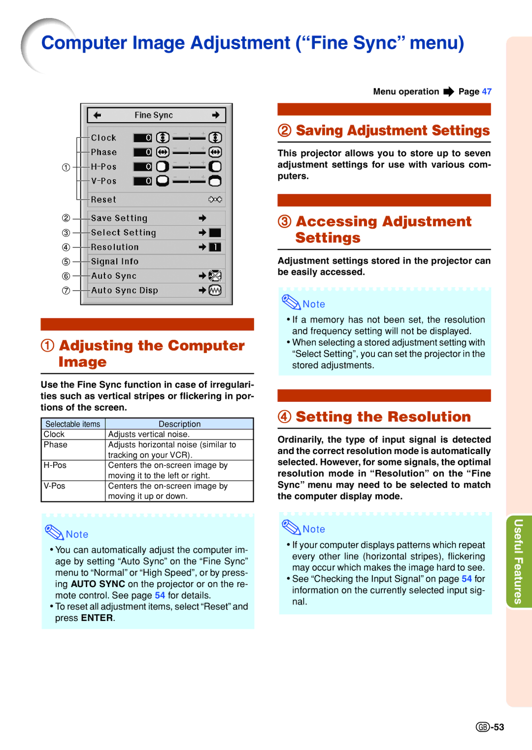 Sharp XG-P610X-N Computer Image Adjustment Fine Sync menu, Adjusting the Computer Image, Saving Adjustment Settings 