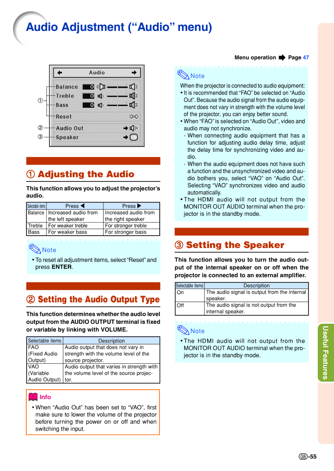 Sharp XG-P610X-N Audio Adjustment ÒAudioÓ menu, Adjusting the Audio, Setting the Audio Output Type, Setting the Speaker 