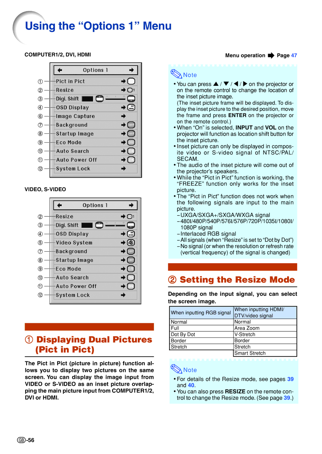 Sharp XG-P610X-N quick start Using the ÒOptions 1Ó Menu, Displaying Dual Pictures Pict in Pict, Setting the Resize Mode 