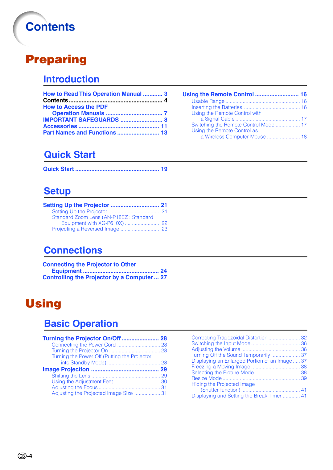 Sharp XG-P610X-N quick start Contents, Preparing 