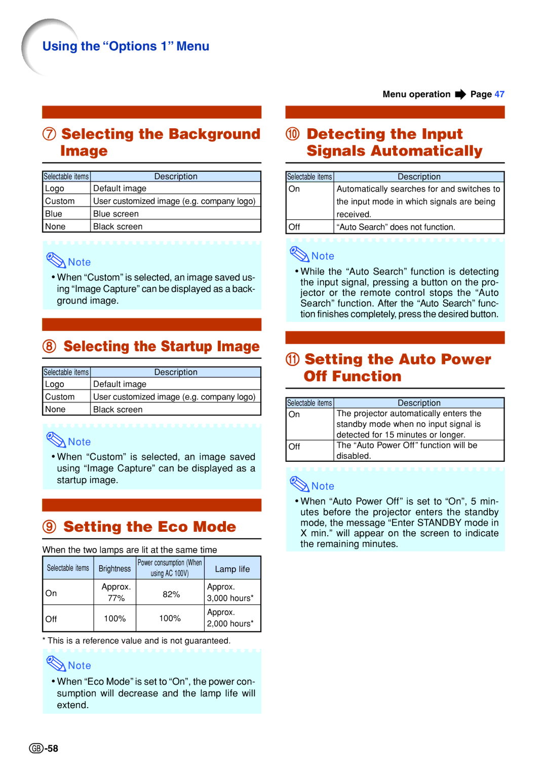 Sharp XG-P610X Selecting the Background Image, Detecting the Input Signals Automatically, Selecting the Startup Image 