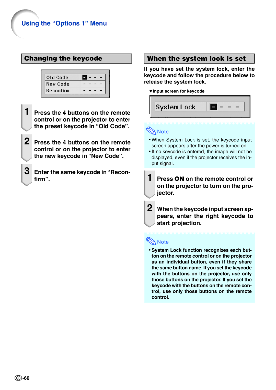 Sharp XG-P610X-N quick start Using the ÒOptions 1Ó Menu, Enter the same keycode in ÒRecon- firmÓ 