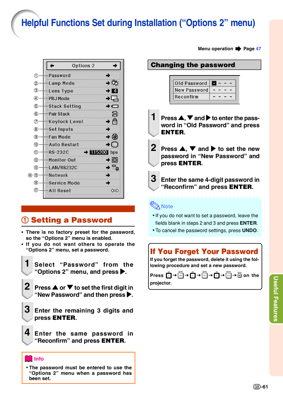 Sharp XG-P610X-N Setting a Password, If You Forget Your Password, Select ÒPasswordÓ from the ÒOptions 2Ó menu, and press 