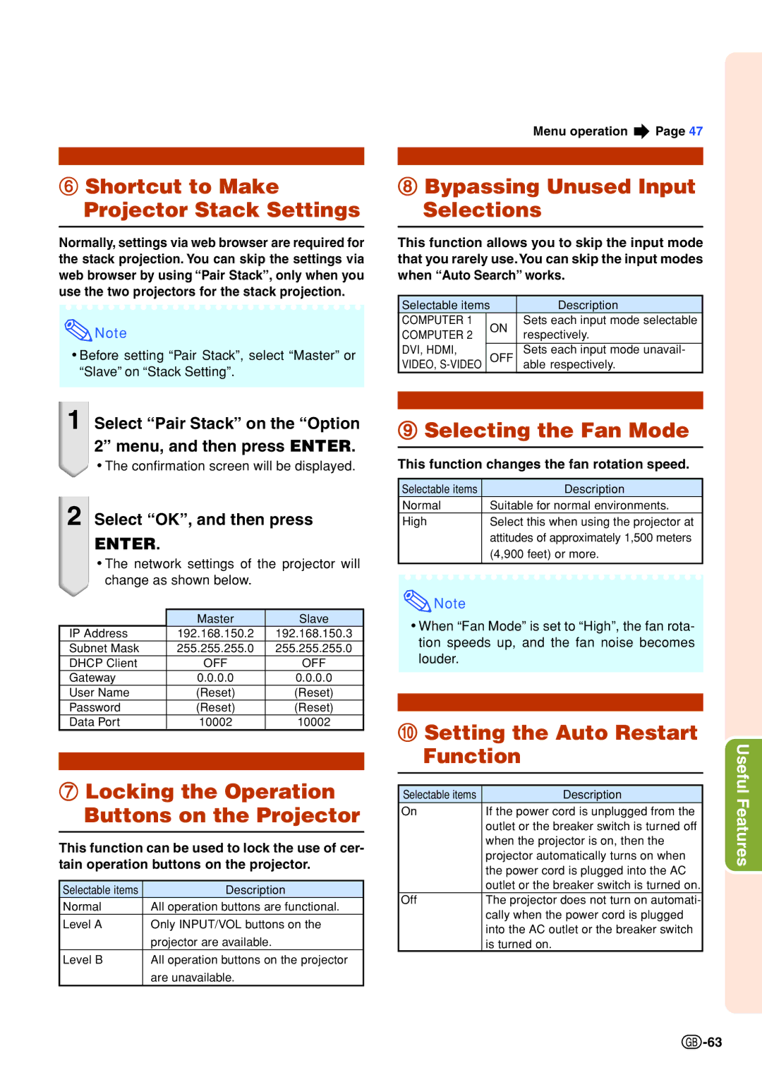 Sharp XG-P610X-N Shortcut to Make Projector Stack Settings, Bypassing Unused Input Selections, Selecting the Fan Mode 