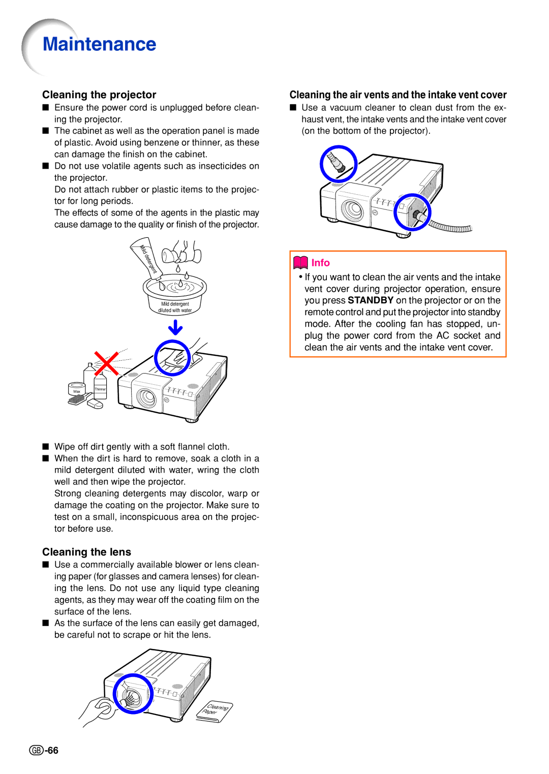 Sharp XG-P610X Maintenance, Cleaning the projector, Cleaning the air vents and the intake vent cover, Cleaning the lens 