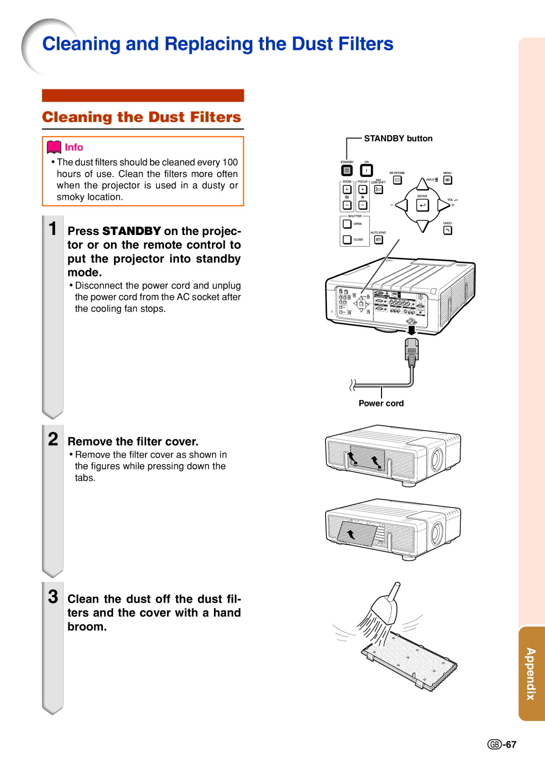 Sharp XG-P610X-N quick start Cleaning and Replacing the Dust Filters, Cleaning the Dust Filters, Remove the filter cover 