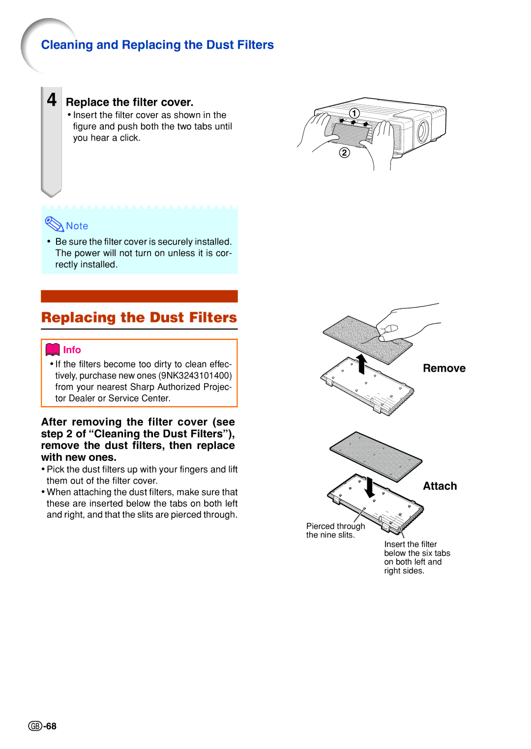 Sharp XG-P610X-N quick start Cleaning and Replacing the Dust Filters, Replace the filter cover 