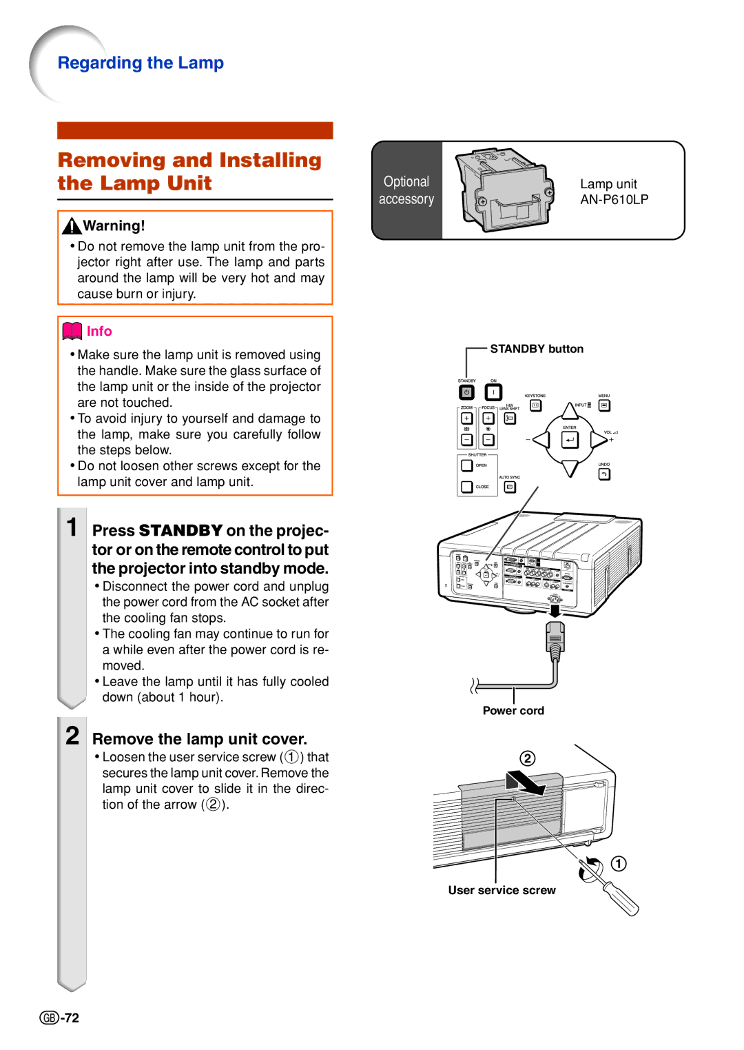 Sharp XG-P610X-N quick start Removing and Installing the Lamp Unit, Regarding the Lamp, Remove the lamp unit cover 