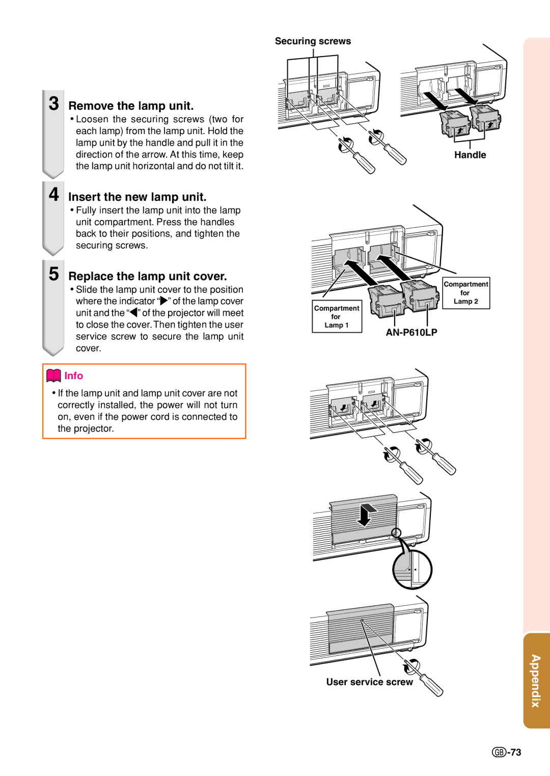 Sharp XG-P610X-N Remove the lamp unit, Insert the new lamp unit, Replace the lamp unit cover, Securing screws Handle 