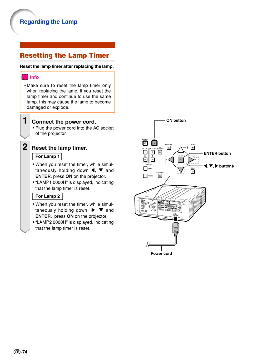 Sharp XG-P610X-N quick start Resetting the Lamp Timer, Connect the power cord, Reset the lamp timer, For Lamp 