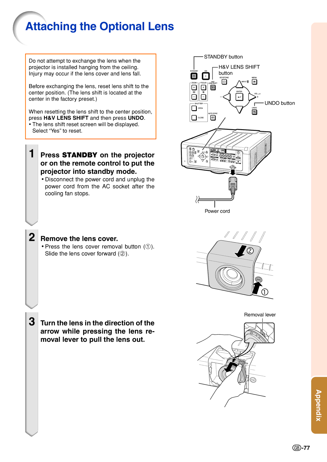 Sharp XG-P610X-N quick start Attaching the Optional Lens, Remove the lens cover 