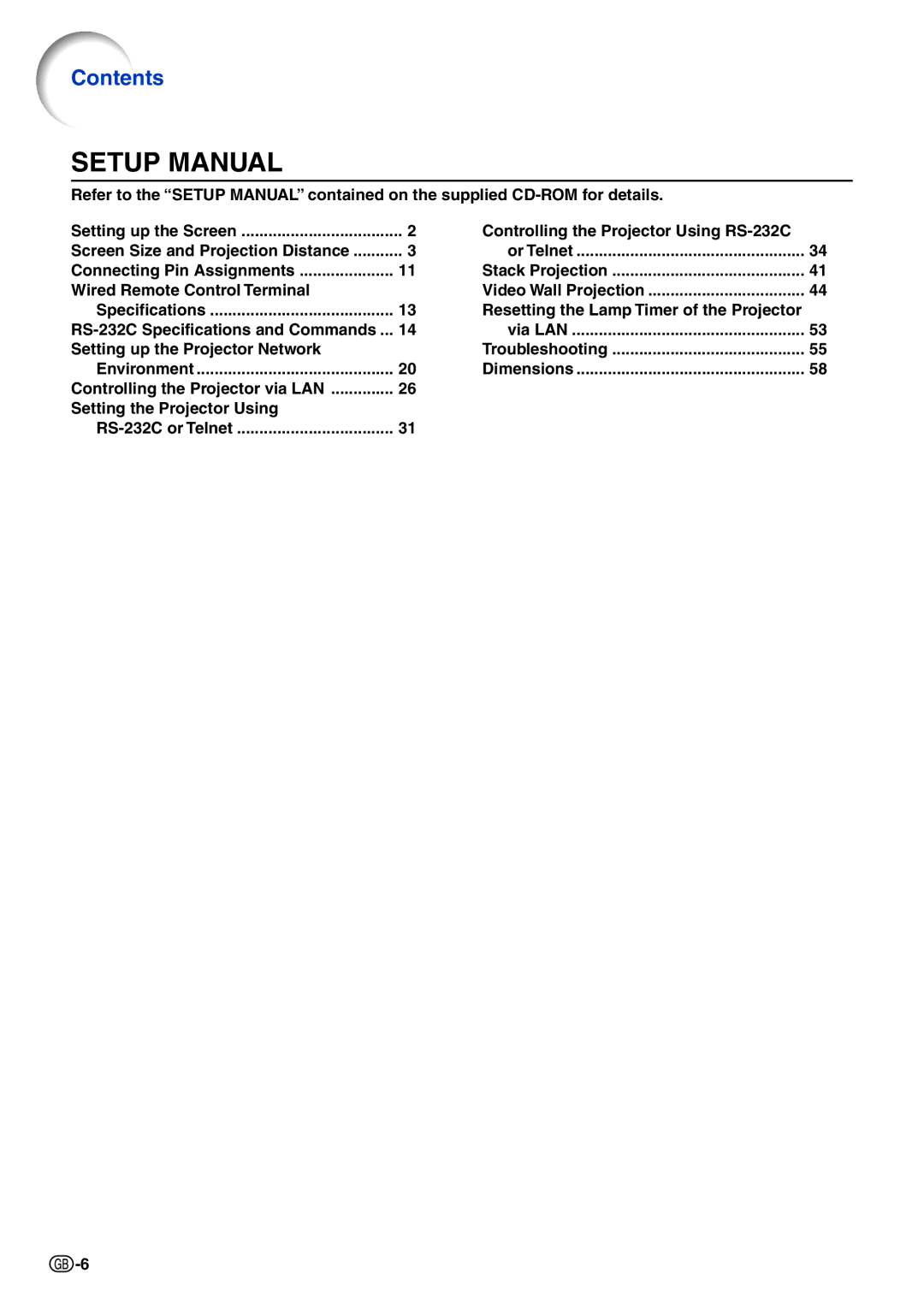 Sharp XG-P610X-N quick start Setup Manual, Contents 