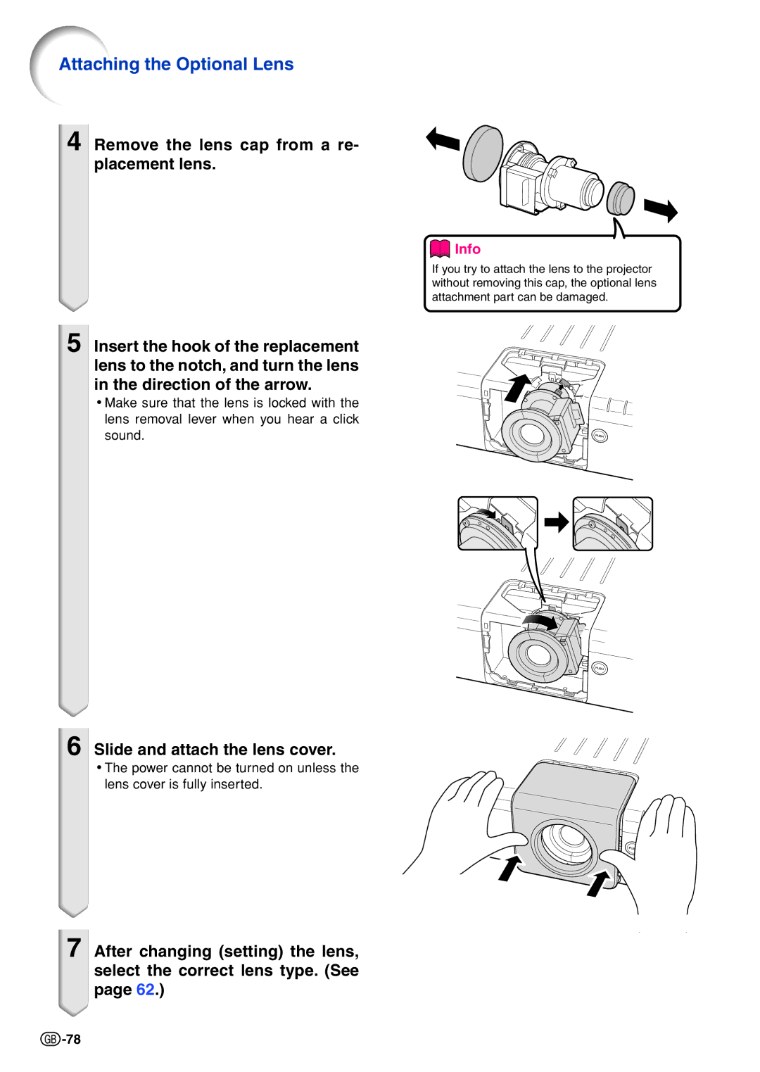 Sharp XG-P610X-N quick start Attaching the Optional Lens, Slide and attach the lens cover 