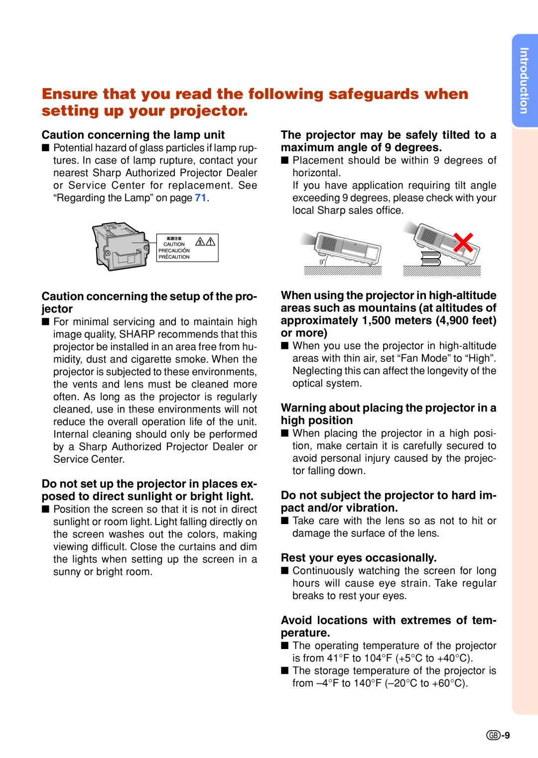 Sharp XG-P610X-N Caution concerning the lamp unit, Caution concerning the setup of the pro- jector, Introduction 