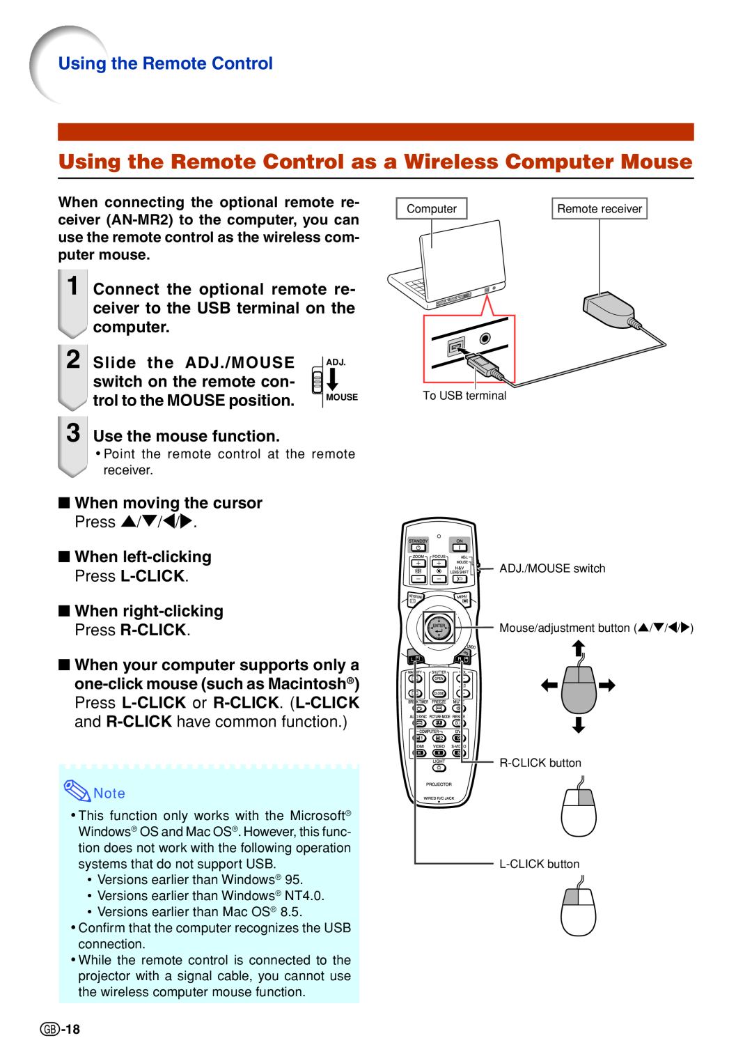 Sharp XG-P610X Using the Remote Control as a Wireless Computer Mouse, Slide the ADJ./MOUSE, switch on the remote con 