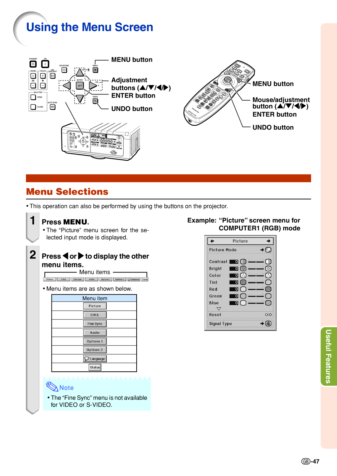 Sharp XG-P610X-N Using the Menu Screen, Menu Selections, Press MENU, Press \ or to display the other menu items, buttons 