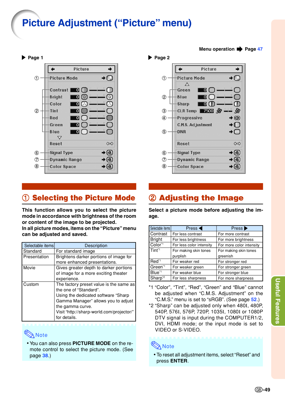 Sharp XG-P610X-N Picture Adjustment “Picture” menu, Selecting the Picture Mode, Adjusting the Image, Useful Features 