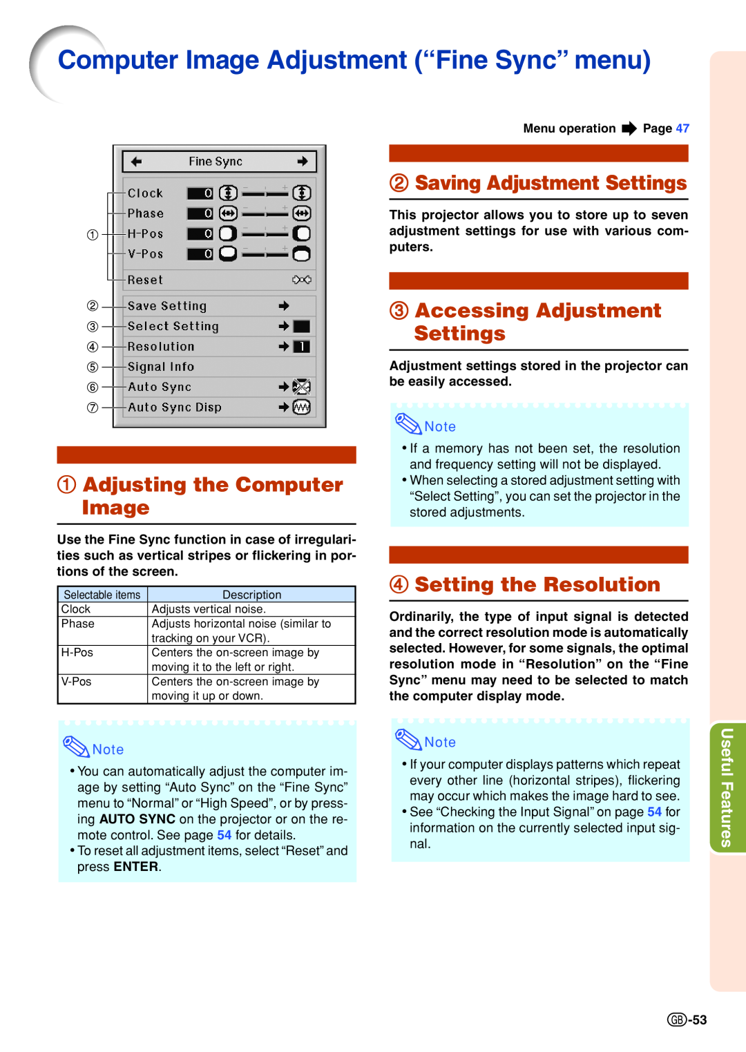 Sharp XG-P610X-N Computer Image Adjustment “Fine Sync” menu, Adjusting the Computer Image, Saving Adjustment Settings 