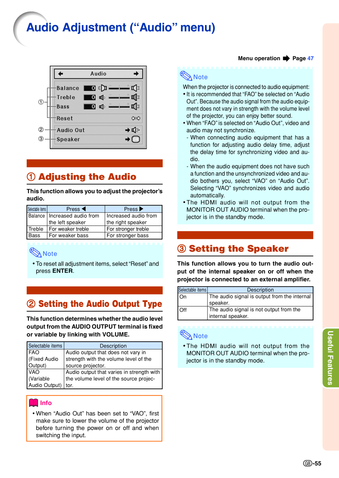Sharp XG-P610X-N Audio Adjustment ÒAudioÓ menu, Adjusting the Audio, Setting the Audio Output Type, Setting the Speaker 