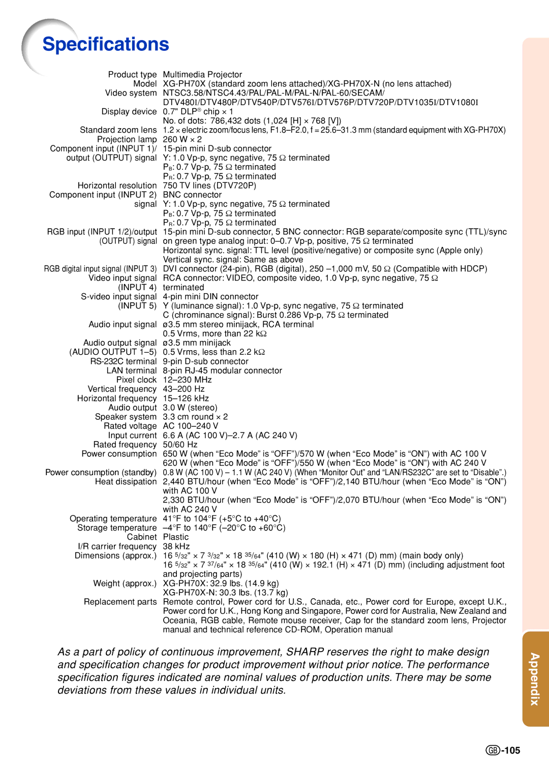 Sharp XG-PH70X-N operation manual Specifications, 105 