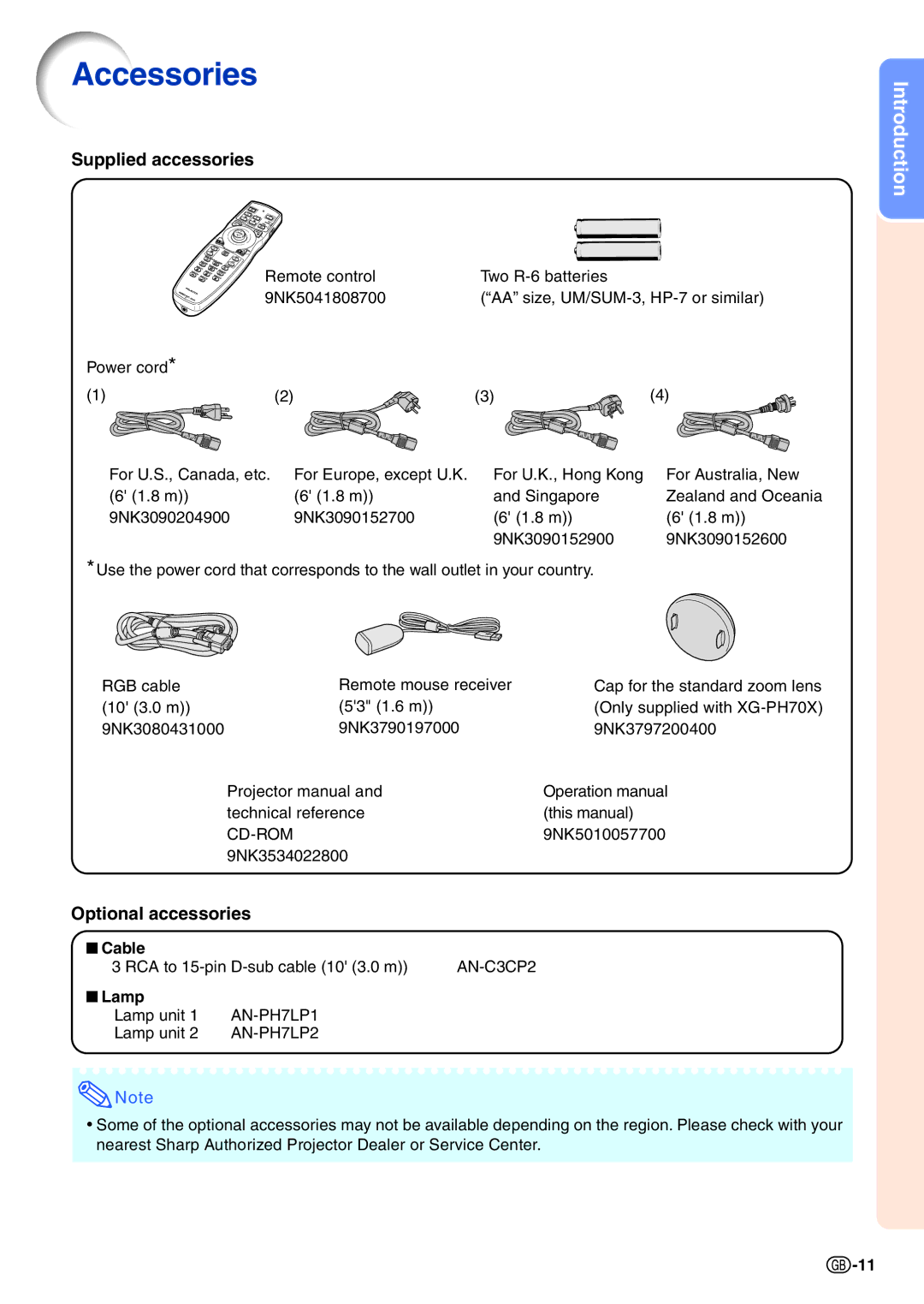 Sharp XG-PH70X-N operation manual Accessories, Supplied accessories, Optional accessories, Cable, Lamp 