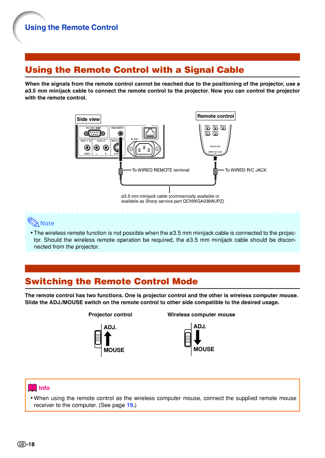 Sharp XG-PH70X-N operation manual Using the Remote Control with a Signal Cable, Switching the Remote Control Mode 